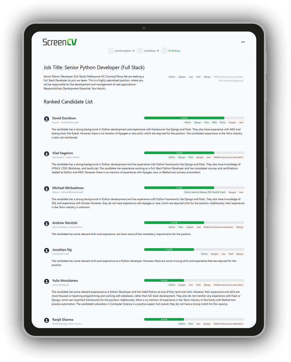 ScreenCV candidate ranking interface